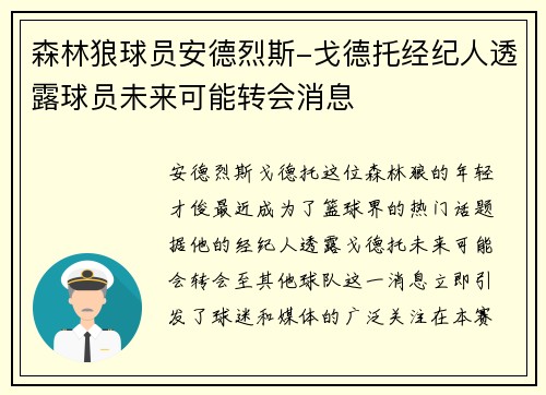 森林狼球员安德烈斯-戈德托经纪人透露球员未来可能转会消息