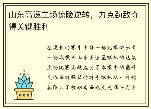 山东高速主场惊险逆转，力克劲敌夺得关键胜利