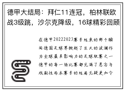 德甲大结局：拜仁11连冠，柏林联欧战3级跳，沙尔克降级，16球精彩回顾